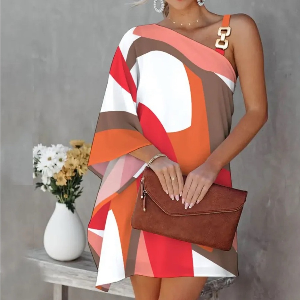 One Shoulder Summer Dress Diagonal Collar, Off Shoulder -Size XL Colorful
